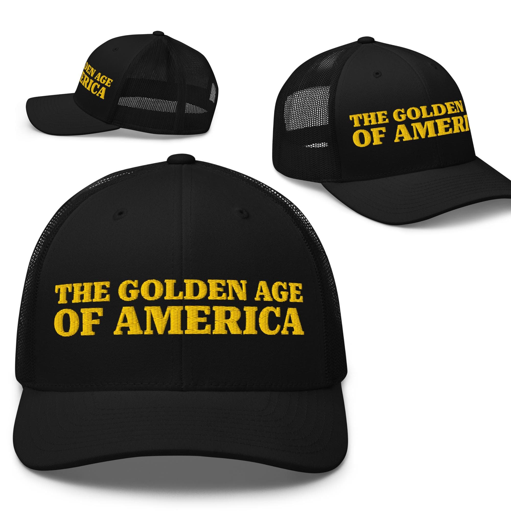 The Golden Age of America TRUCKER HAT Embroidered  Trump hat
Make america great
Trump 45 hat
Trump 47 hat
Patriotic hat
Trump patriotic hat
Trump trucker hat
Black trump hat
The golden age of
Golden age of americ
America hat
Maga hat
Gold maga hat
