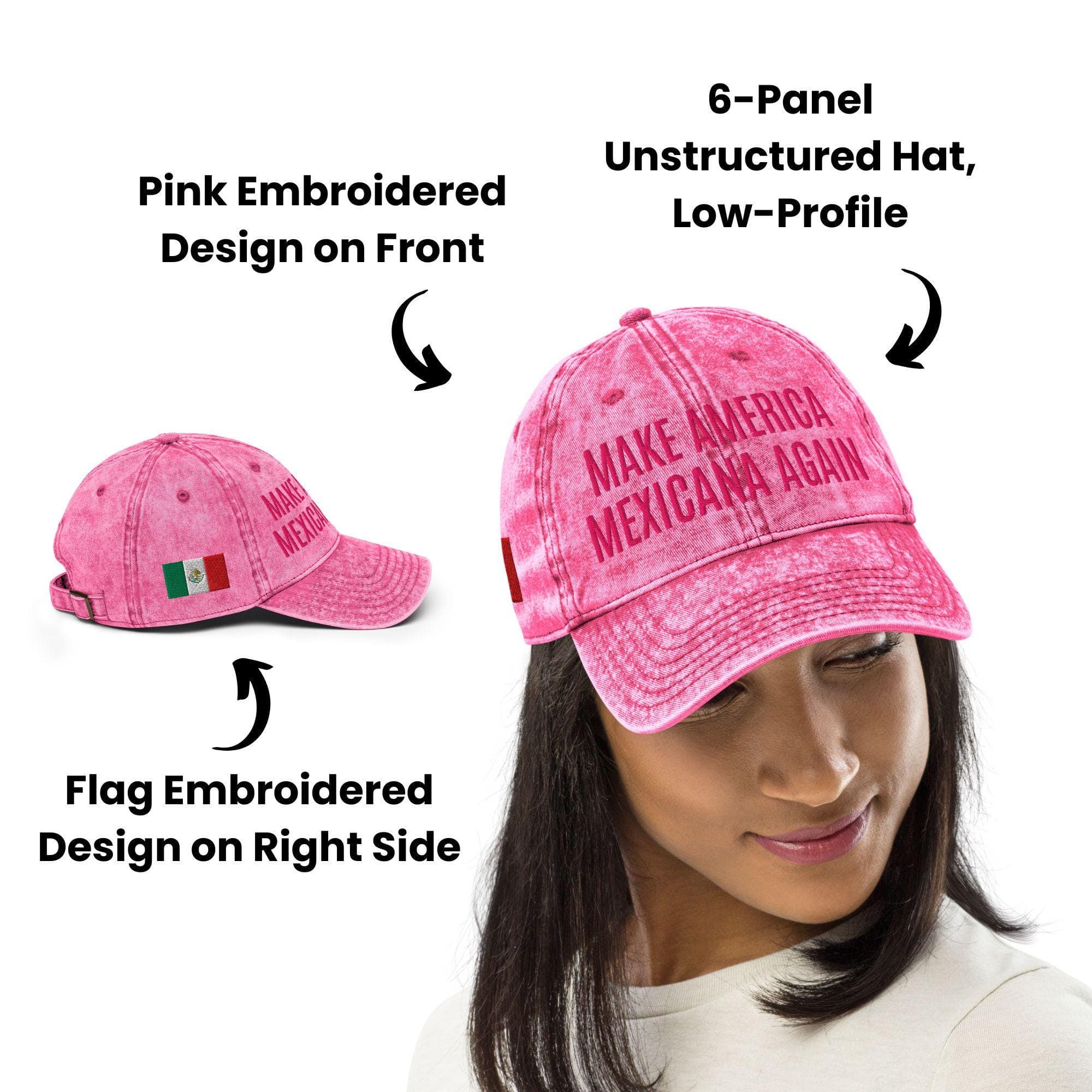 Make America Mexicana Again Hat | Vintage Embroidered Cap | pink hat
trump hat
make america
mexicana again
funny political hat
anti-trump hat
mexican pride
latinas cap
latino culture
satire hat
gifts for him
gifts for her
mexican american
Mexican Hat
