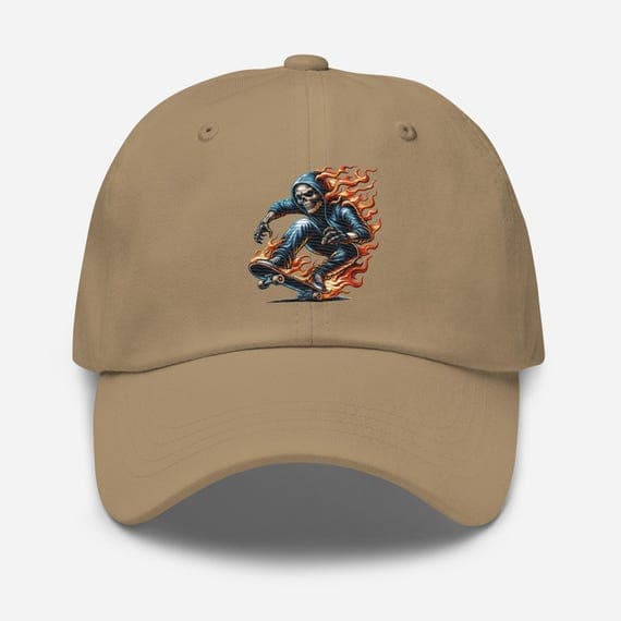 Skull Skeleton on Skateboard Hat Embroidered Dad Cap
