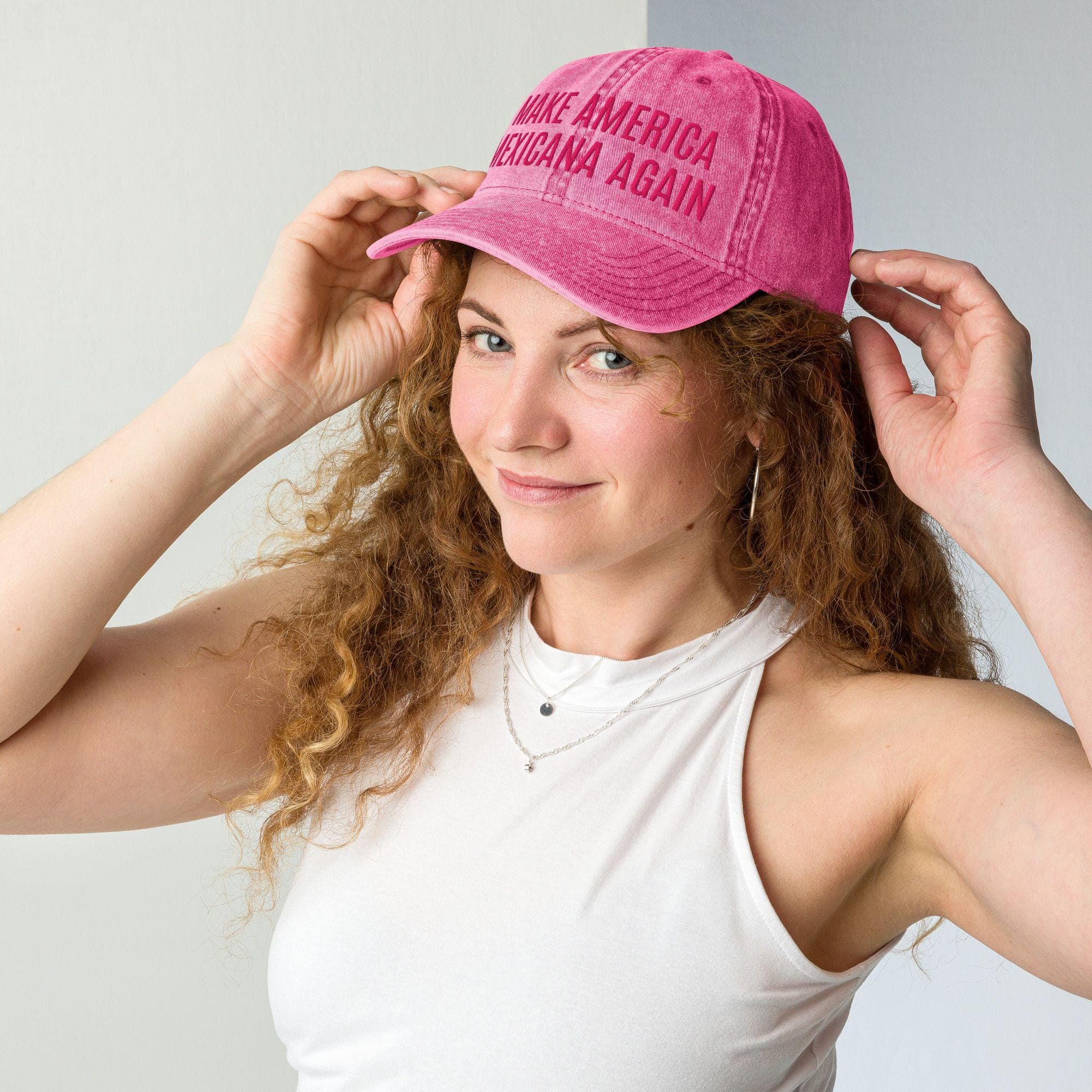 Make America Mexicana Again Hat | Vintage Embroidered Cap | pink hat
trump hat
make america
mexicana again
funny political hat
anti-trump hat
mexican pride
latinas cap
latino culture
satire hat
gifts for him
gifts for her
mexican american
Mexican Hat