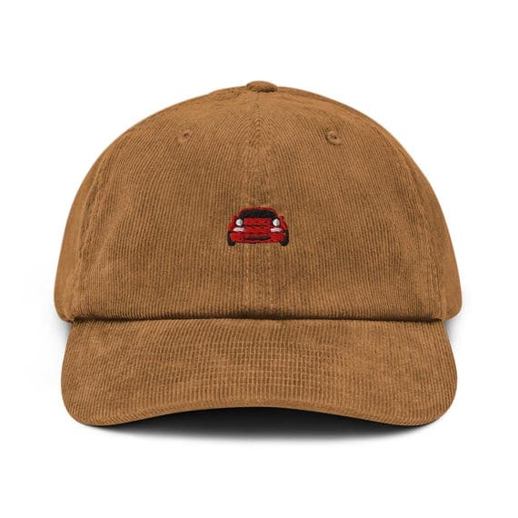 Red Miata Embroidered Corduroy Cap | Mazda MX5 Car Hat Gift for Car Lovers | Retro Roadster Dad Hat | JDM Style Cord Cap for Miata Fans