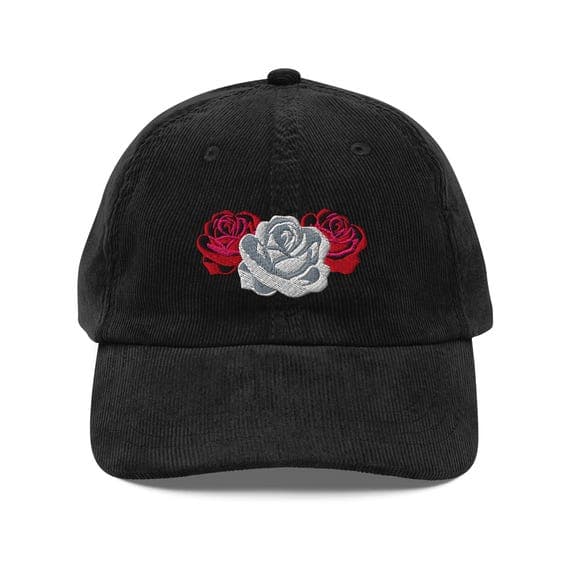 White and red rose hat | Premium Vintage Corduroy Cap | Embroidered Hat