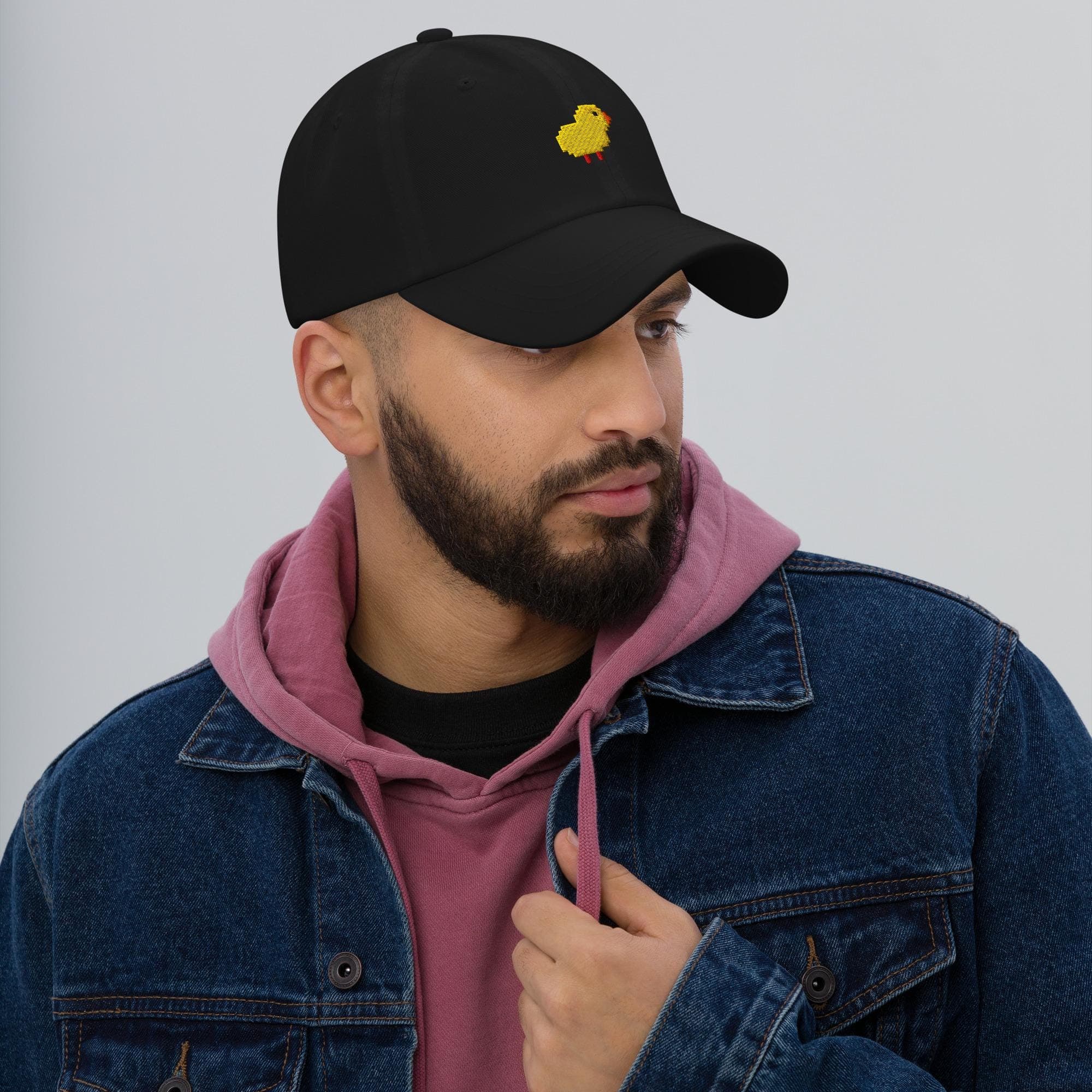 Pixelated Chick Dad Hat – Embroidered Baseball Cap, Retro Gamer Style Hat, Cute Pixel Art Bird Cap for Men  Women