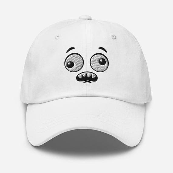 Embroidered Cartoon Face Hat – Funny Afraid Expression Cap, Cute Character Dad Hat, Unique Embroidery Gift