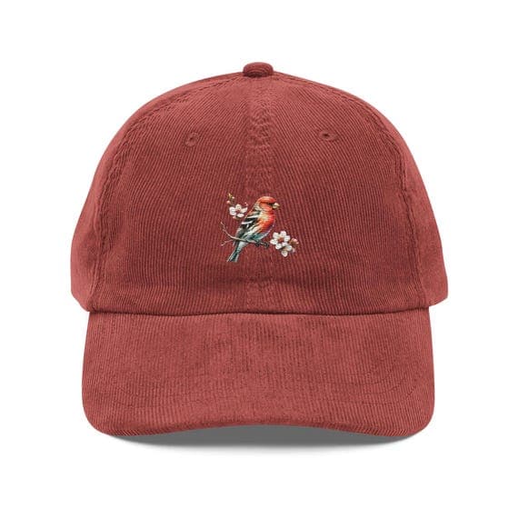Bird and Flower Hat Embroidered Corduroy Cap