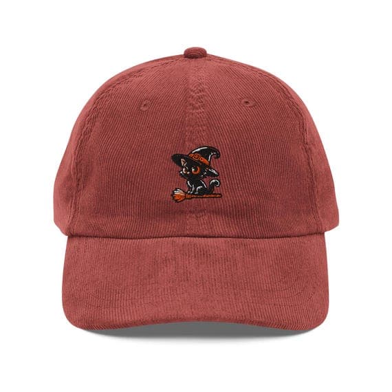 Corduroy Witch Cat Hat, Black Cat Halloween Cap, Embroidered Broom Illustration, Fall Festival Hat, Cute Witch Cat Accessory