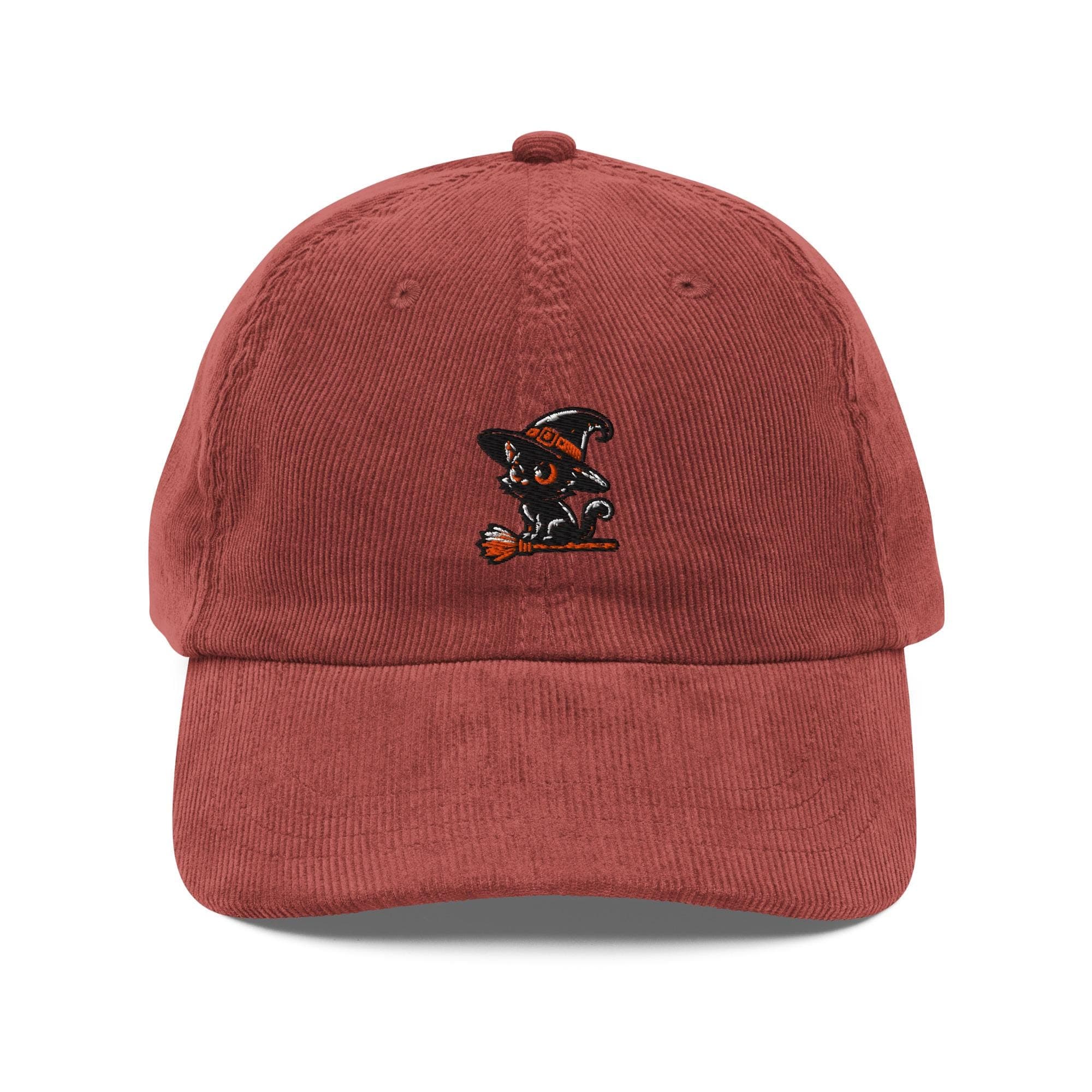 Corduroy Witch Cat Hat, Black Cat Halloween Cap, Embroidered Broom Illustration, Fall Festival Hat, Cute Witch Cat Accessory
