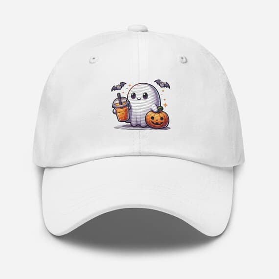 Cute ghost holding a tumbler Hat Embroidered Dad Cap | Halloween Gift Hat