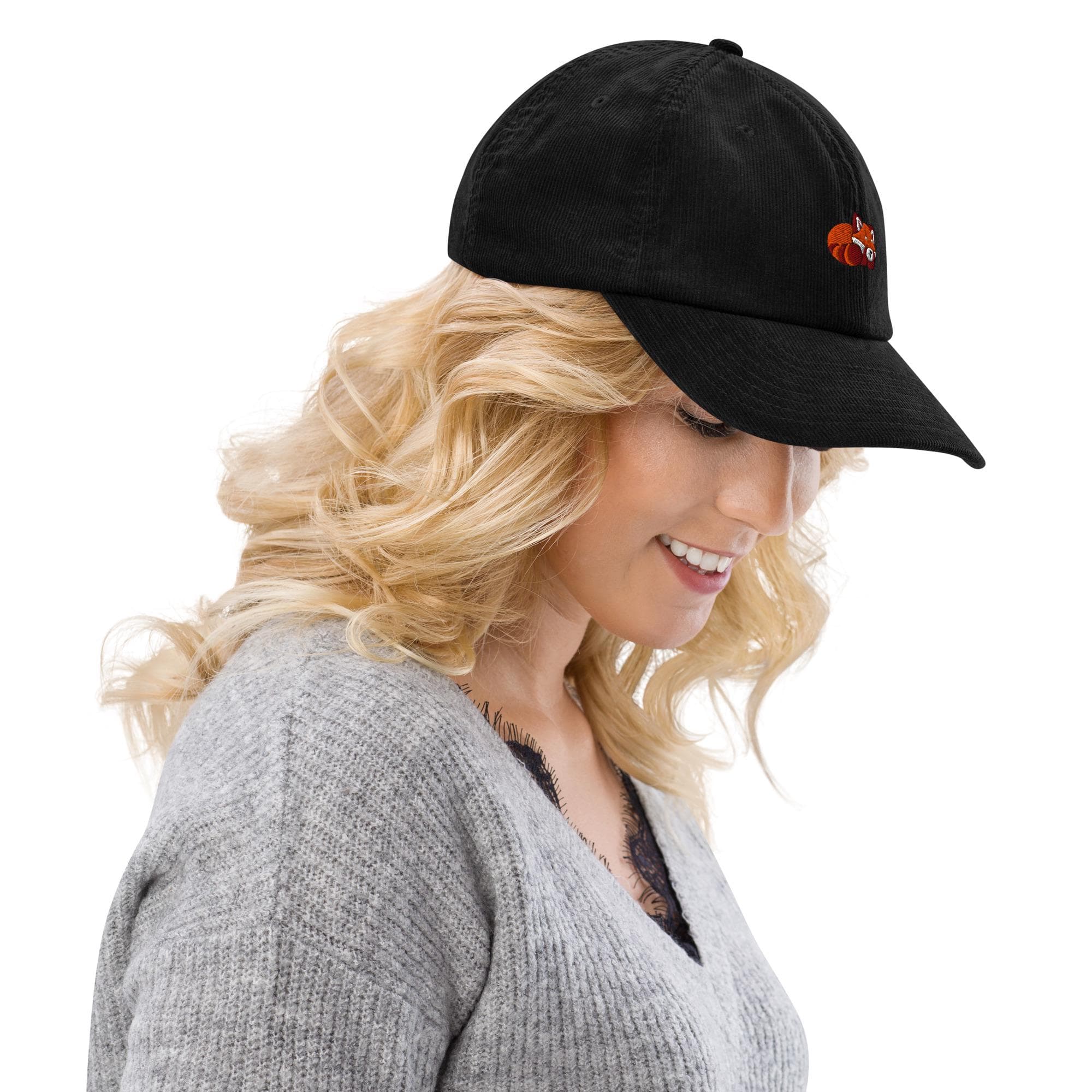 Cute Red Panda Sleeping Embroidered Corduroy Cap | Animal Lover Hat | Aesthetic Gift for Zoo & Wildlife Fans | Cozy Corduroy Dad Hat