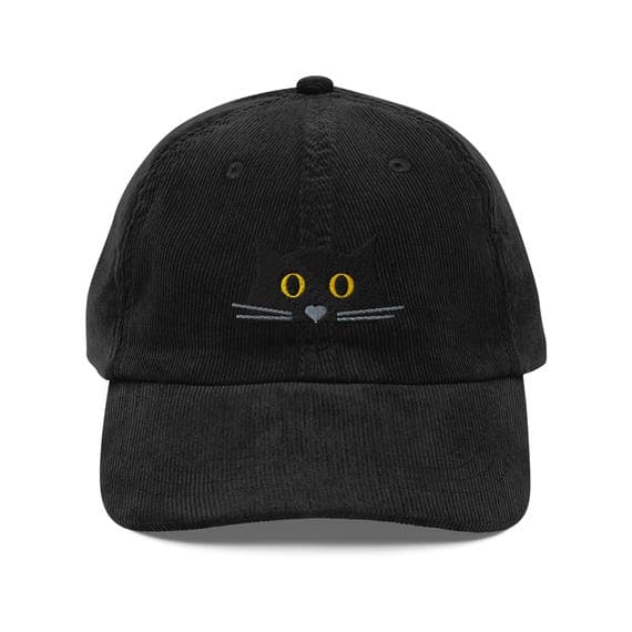 Black Cat Corduroy Hat – Embroidered Cat Dad Cap, Aesthetic Cat Lover Gift, Minimalist Corduroy Baseball Cap, Cute Pet Owner Hat