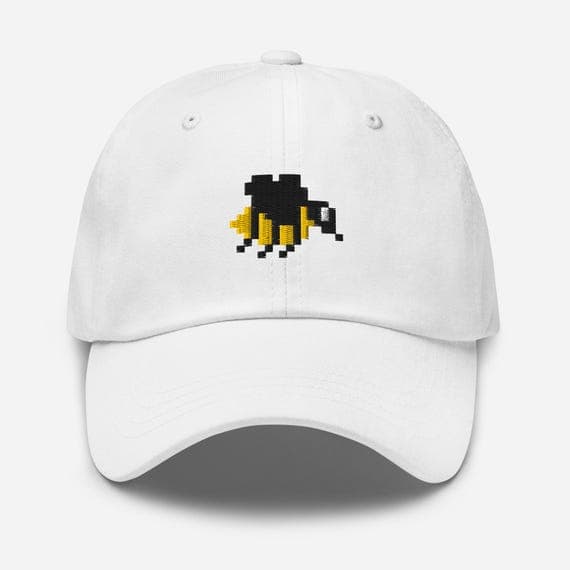 Pixelated Bee Dad Hat – Embroidered Baseball Cap, Gamer Aesthetic Bee Hat, Pixel Art Embroidery, Cottagecore Bee Gift