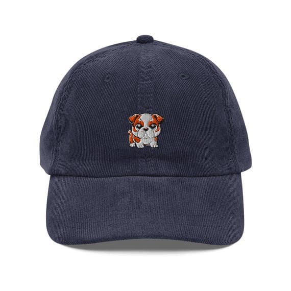 Cute English Bulldog Hat Embroidered Corduroy Cap